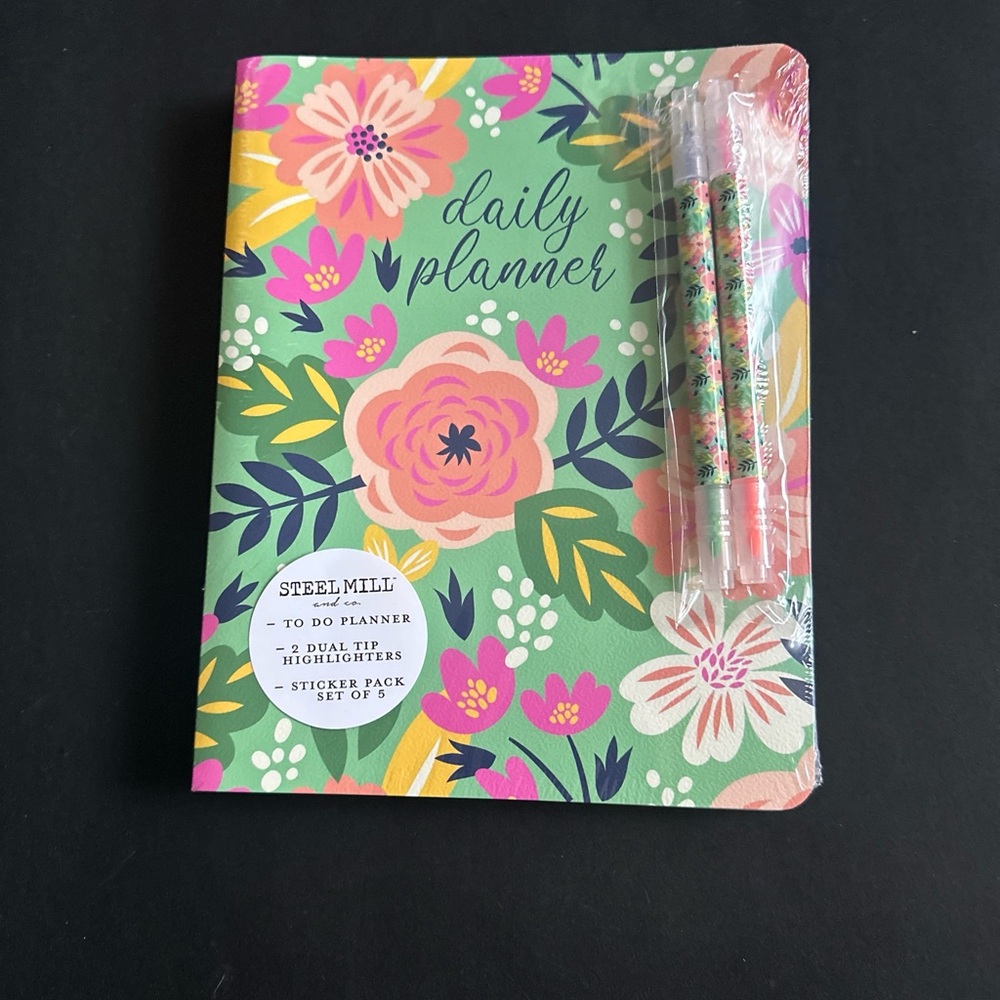 NEW Steel Mill & Co. Daily Planner With 2 Dual Tip Highlighters, Stickers SEALED